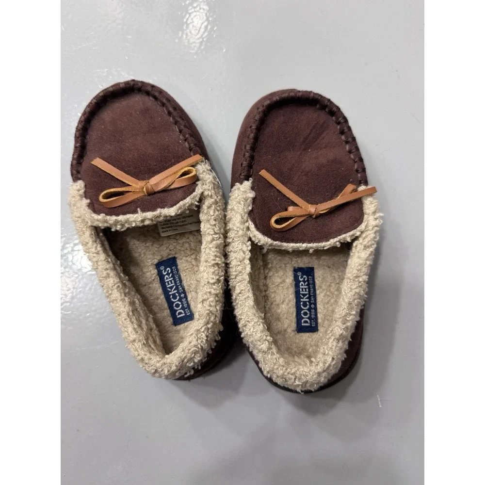 Dockers Kids Brown Faux Suede Lined Moccasin Slip-On Slippers Size 11.5